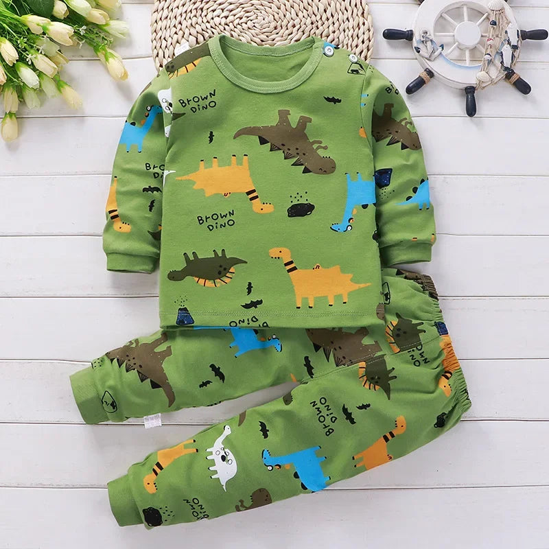 Conjunto Infantil de Outono e Primavera com Estampa Cartoon – Pijama de Algodão para Bebês Meninos e Meninas