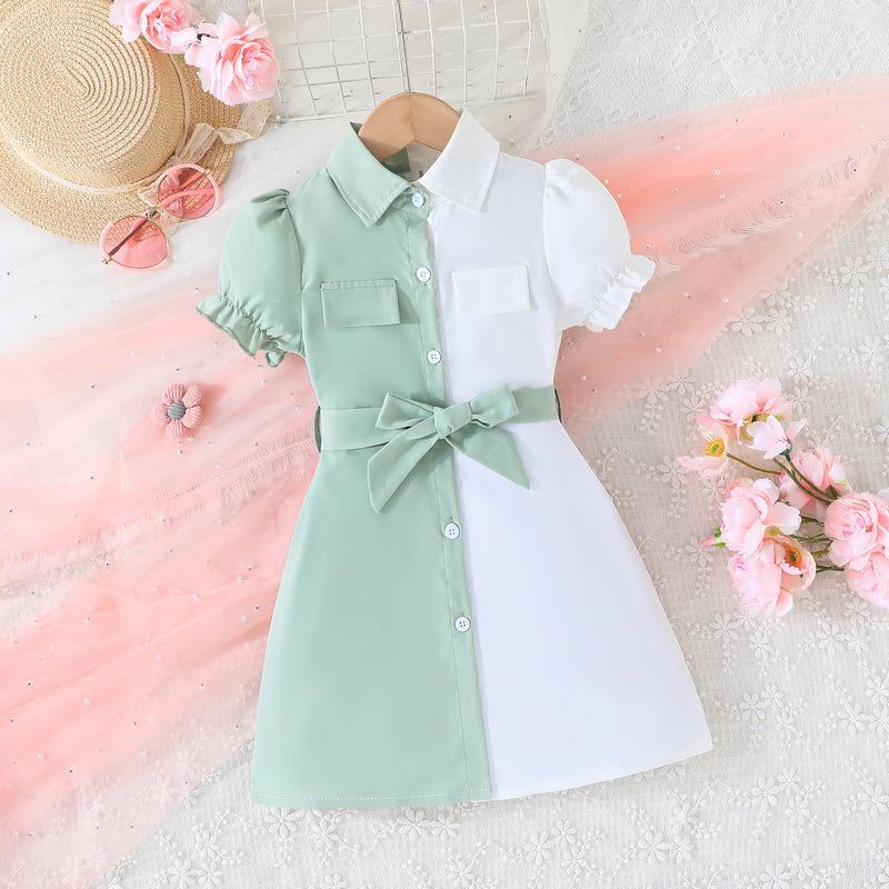 Vestido Princesa Infantil 4-7 Anos - Manga Curta, Estilo Formal com Cinto e Botões - Perfeito para Aniversários e casamentos