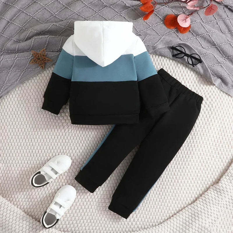 Conjunto Infantil para Meninos 2-7 Anos - Moletom com Capuz Colorblock e Calças - Roupas de Moda com Manga Longa