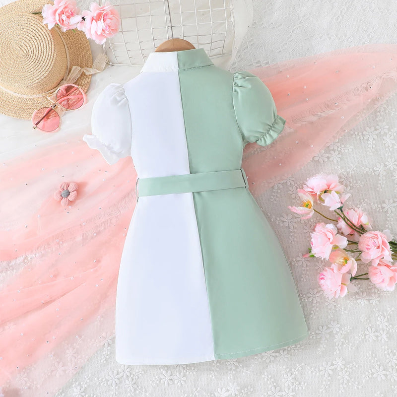 Vestido Princesa Infantil 4-7 Anos - Manga Curta, Estilo Formal com Cinto e Botões - Perfeito para Aniversários e casamentos