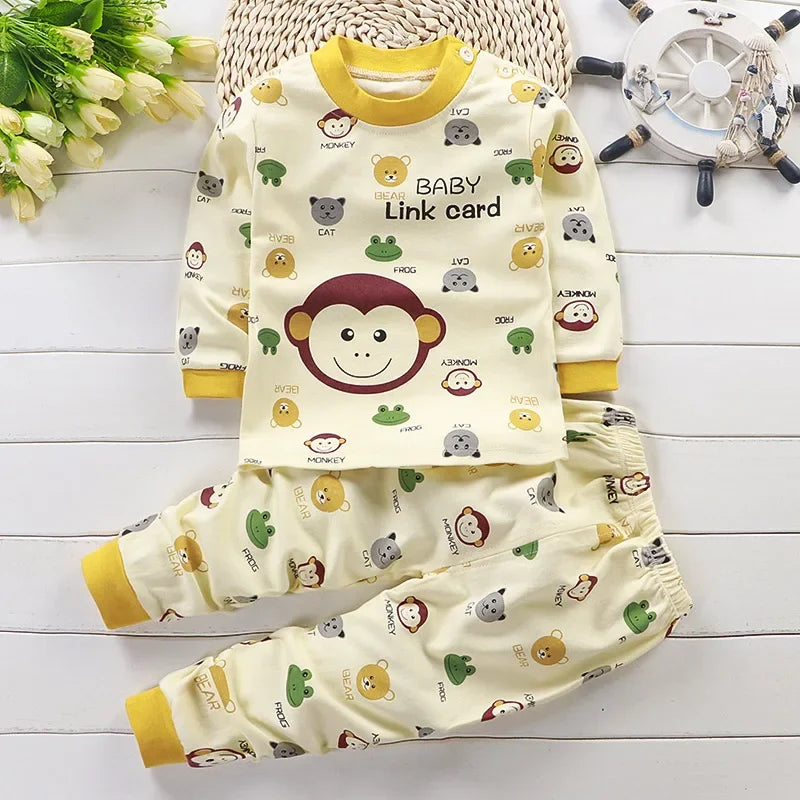 Conjunto Infantil de Outono e Primavera com Estampa Cartoon – Pijama de Algodão para Bebês Meninos e Meninas