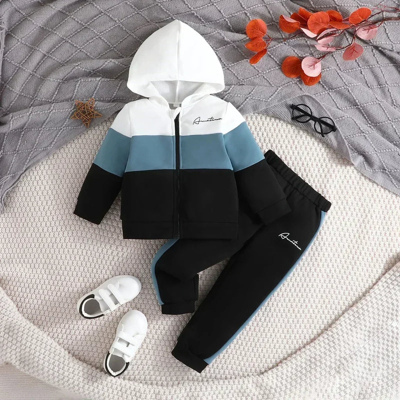 Conjunto Infantil para Meninos 2-7 Anos - Moletom com Capuz Colorblock e Calças - Roupas de Moda com Manga Longa