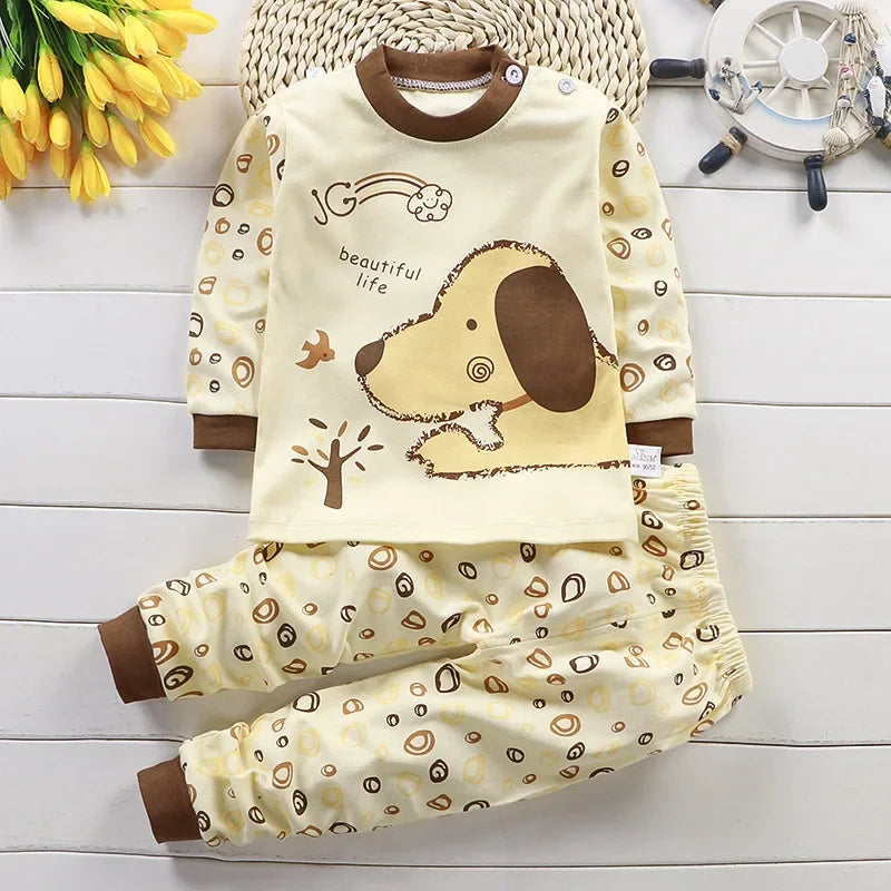 Conjunto Infantil de Outono e Primavera com Estampa Cartoon – Pijama de Algodão para Bebês Meninos e Meninas